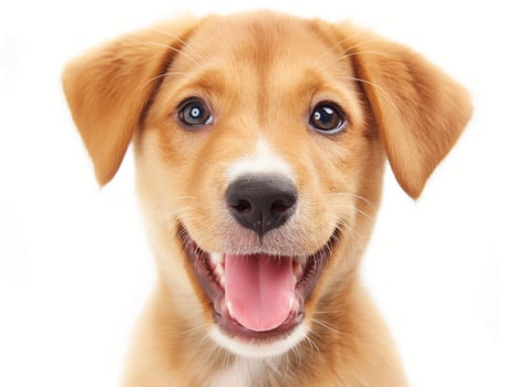 Happy puppy dog smiling on isolated white background photo