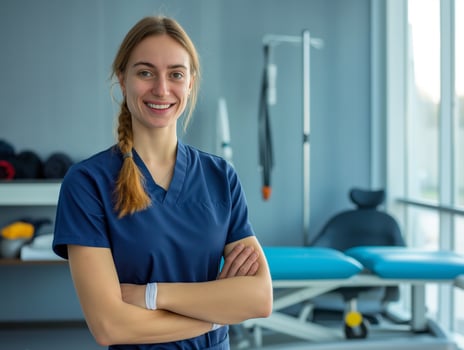 portrait of young sporty physiotherapist in a physic room photo