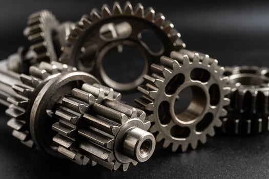 Gear and cogs wheels, clock mechanism, brass metal engine industrial. photo