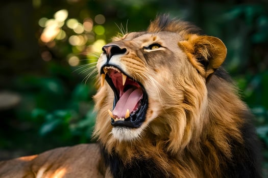 Close up view of a lion opening his mouth in jungle photo