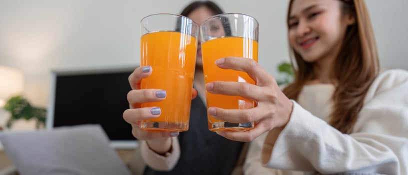 Lesbian Couple Enjoying Healthy Orange Juice at Home in a Modern Living Room Setting photo