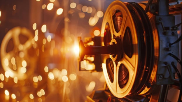 A vintage projector sits in the background surrounded by a dreamy blur of moving film reels. The soft focus adds to the romantic and nostalgic atmosphere enveloping the viewer in the photo