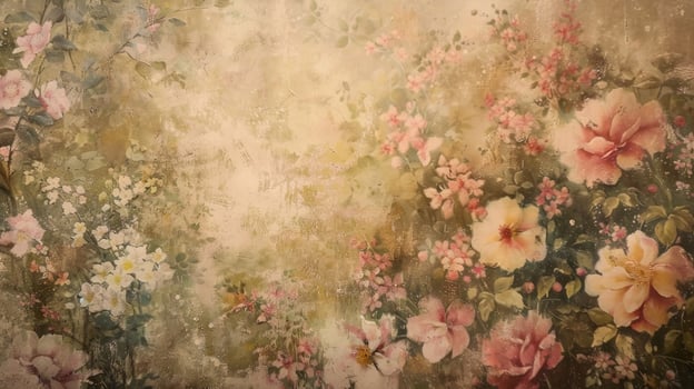 Layers of faded floral patterns and faded oil paintings create a hazy ambiance transporting viewers to a time of refined manners and delicate beauty in the defocused backdrop of Victorian photo