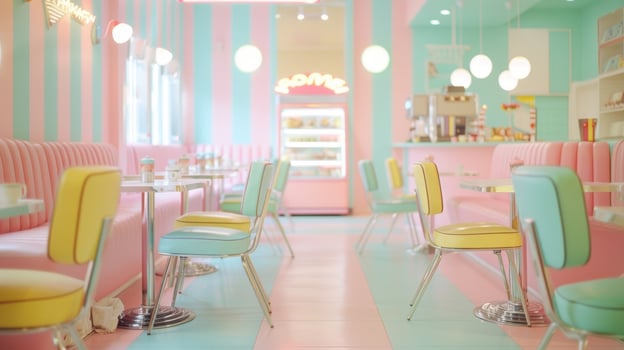The defocused background of the candy striped room reveals hints of a vintage diner where memories of simpler times and endless sweet treats collide in a dreamy pastel palette. photo
