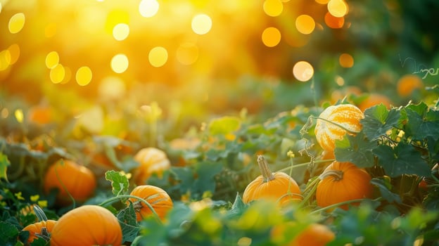 Softly out of focus background showcasing a charming pumpkin patch with vibrant orange pumpkins and lush green vines creating a dreamy and inviting setting for a Halloweenthemed party. photo