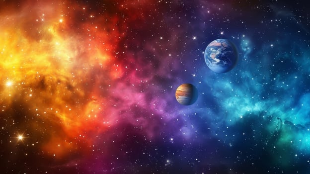 Defocused nebulae and distant galaxies provide a colorful backdrop for the blurry outoffocus outlines of Mercury Venus and Earth in this photo of our Solar System.