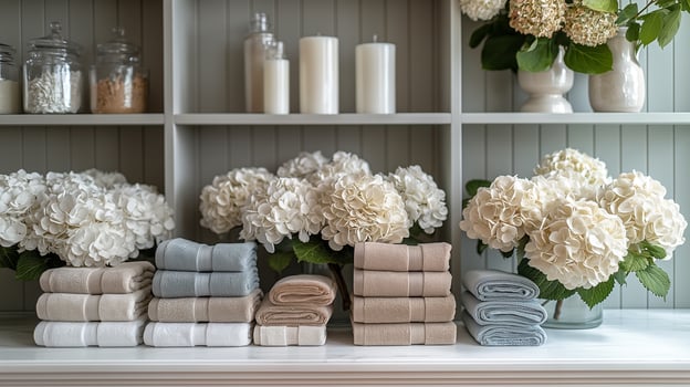 Stacked Towels with White Flowers in Modern Bathroom photo