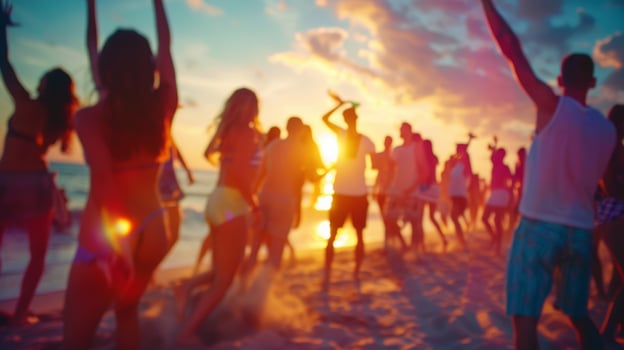 Defocused view of a beach party with groups of friends dancing and laughing together caught up in the victory vibes of the moment. photo