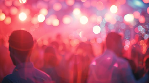 Soft pink hues blend together in a hazy blur giving the impression of being in a bubble of warmth and joy. In the background the subtle outlines of a crowded dance floor can be seen photo