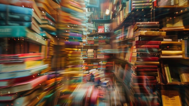 A hazy backdrop of shelves stacked high with books creating a sense of wonder and curiosity for customers perusing the book stand. photo