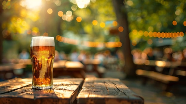Defocused Beer Garden at Oktoberfest Take a break from the crowded festivities and relax in a defocused background of vibrant greens and cheerful chatter. photo