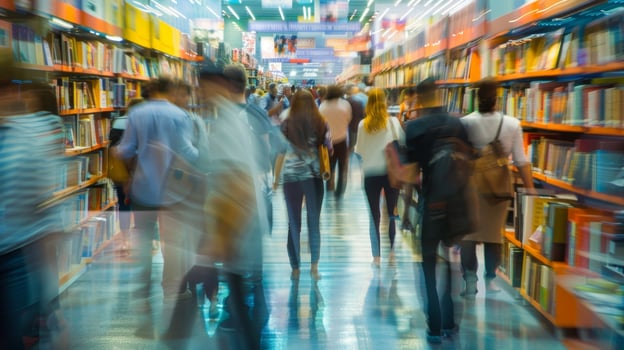 Blurred Figures at Book Fair In the background the shelves are overflowing with books as defocused figures of readers mingle and explore the perfect setting for a book fair that photo