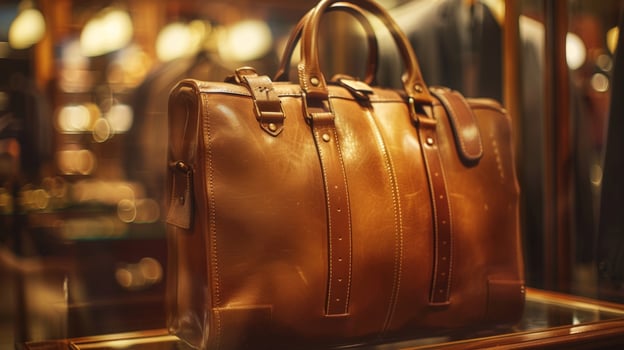 Subtly out of focus display of a luxurious leather briefcase surrounded by rich warm tones and soft lighting hinting at the upscale aesthetic of the boutique. photo
