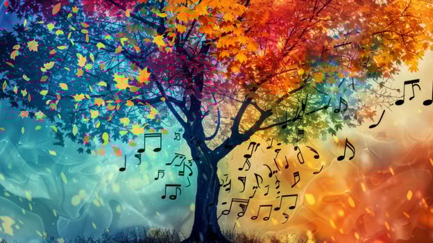 A tree with multicolored leaves each one a different genre of music blending together to create a beautiful harmony photo