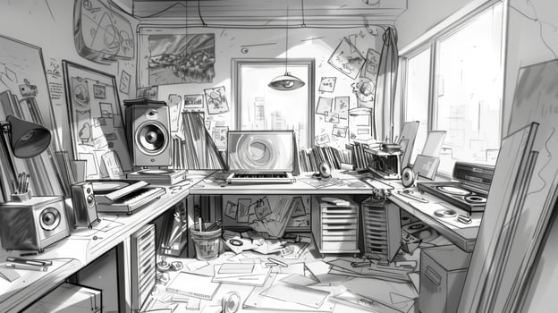 A sketch of an artists studio littered with sketches paintings and vinyl records a bustling hub of creativity and inspiration photo