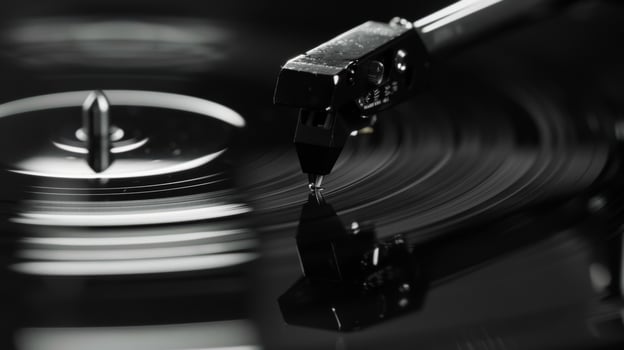 A closeup of a stylus needle gently touching the surface of a record producing a faint scratching sound photo