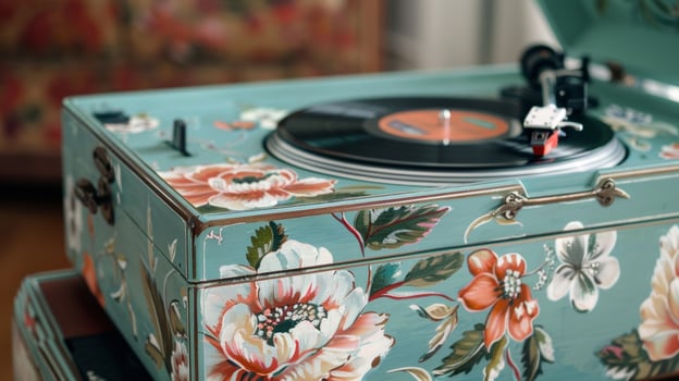 A vintageinspired design featuring handpainted floral motifs adds a touch of whimsy to this custom record player photo