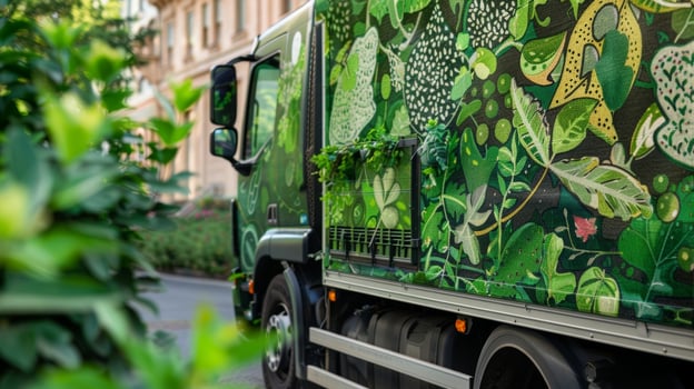 A delivery truck adorned with ecofriendly messaging promoting the use of sustainable shipping practices photo
