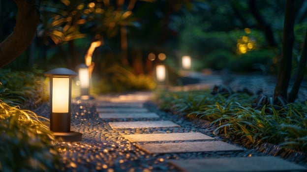 A simple yet beautiful pathway illuminated by solar lights highlighting the natural beauty of the garden photo