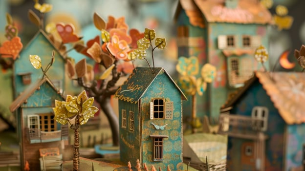 A whimsical scene out of cardboard and recycled paper creates a charming greeting card photo