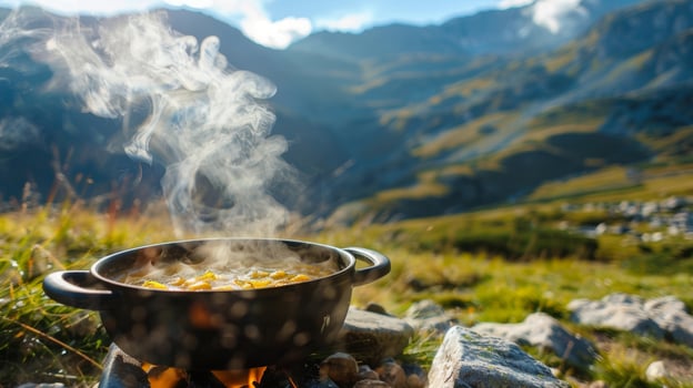 A beautiful mountain landscape with a solar oven set up steam rising from the pot of vegetable soup being cooked inside photo