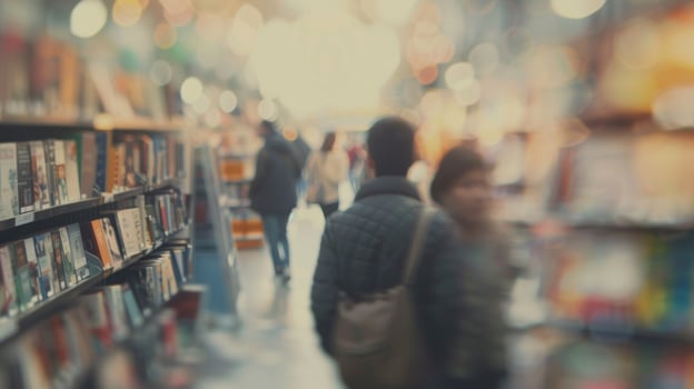 Hazy book fair scene with the occasional figure stopping to admire a title photo