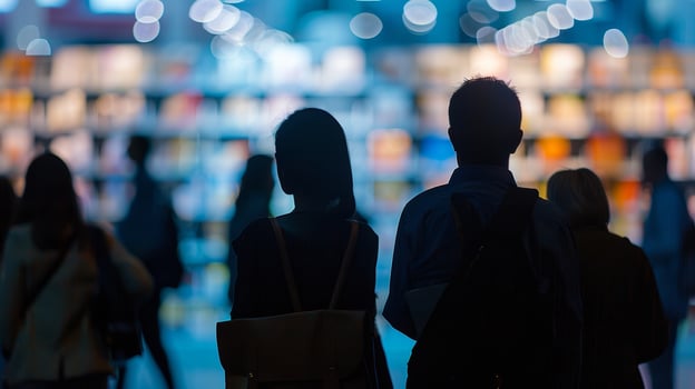 People silhouetted in front of a hazy book fair backdrop photo