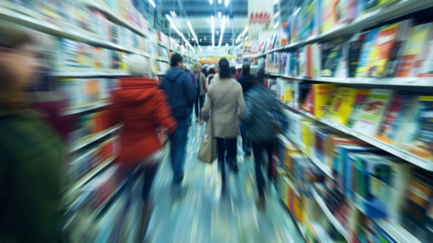 Blurred lines of people weaving their way through the book fair aisles photo