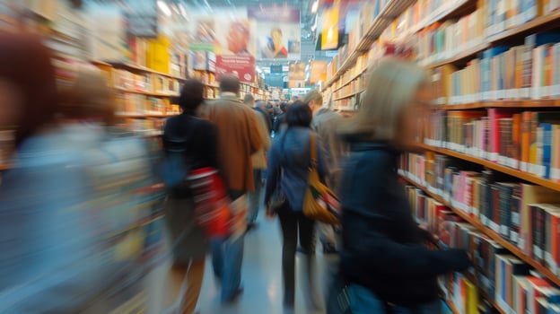 A steady stream of book enthusiasts blurring past each other at the fair photo