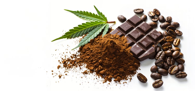 Cannabis Leaf, Cacao Powder, and Coffee Beans with Dark Chocolate on White Background Close-Up Shot of Cannabis, Cocoa, and Coffee Elements for a Unique, Artistic Composition photo