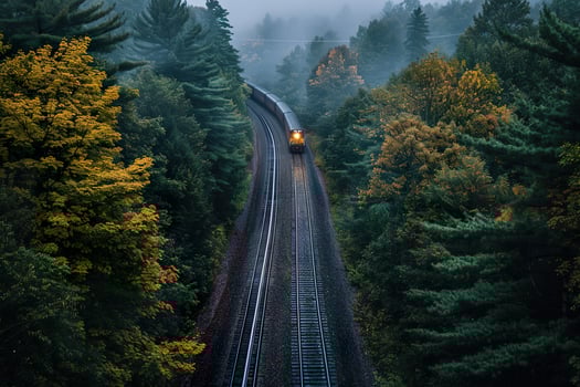 A red train is traveling down a track through a forest photo