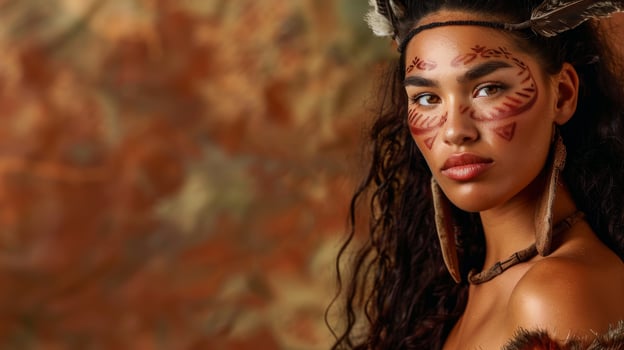 A close-up portrait of a woman with intricate face paint and traditional jewelry photo