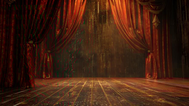 A dimly lit stage with red velvet curtains pulled back revealing a dusty wooden floor photo