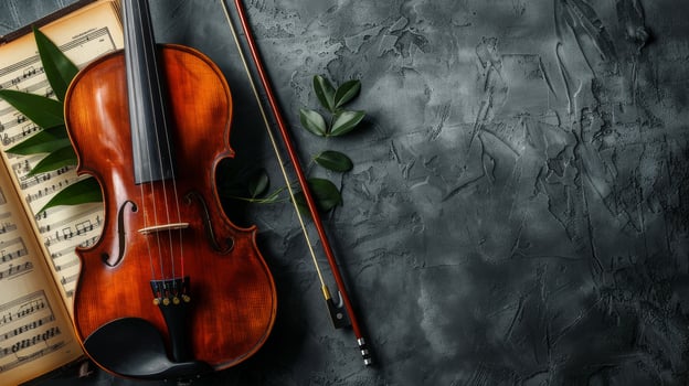 A violin rests on a sheet of music, accompanied by greenery photo