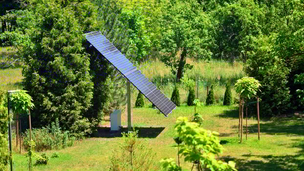 Solar power station generating clean energy. Solar panels in the nature. photo