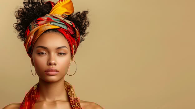 Stylish woman with elegant hair and vibrant headpiece, photo
