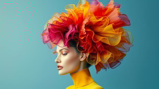 Stylish woman with elegant hair and vibrant headpiece, photo