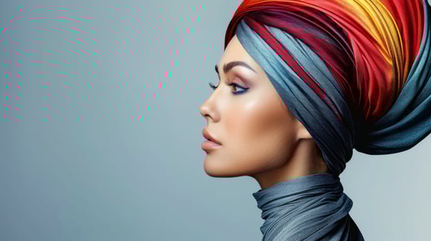 Stylish woman with elegant hair and vibrant headpiece, photo