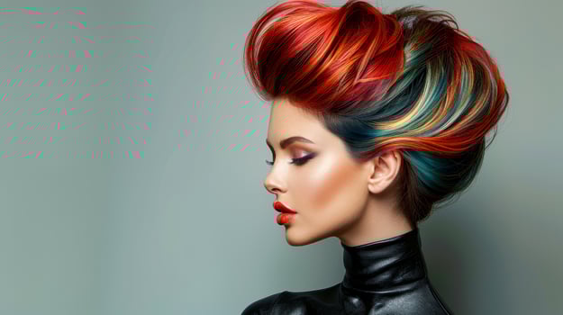 Stylish woman with elegant hair and vibrant headpiece, photo