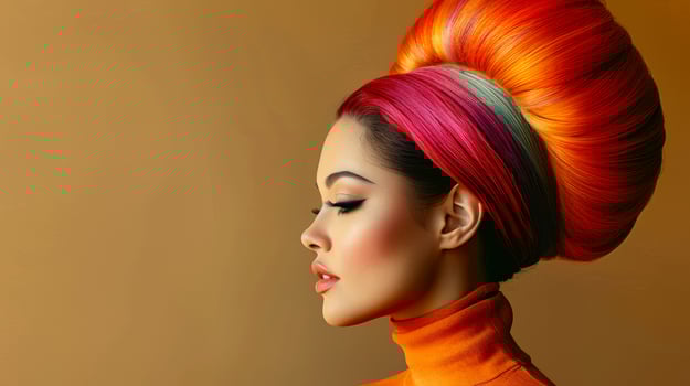 Stylish woman with elegant hair and vibrant headpiece, photo