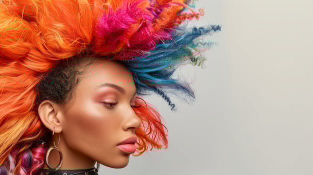 Stylish woman with elegant hair and vibrant headpiece, photo