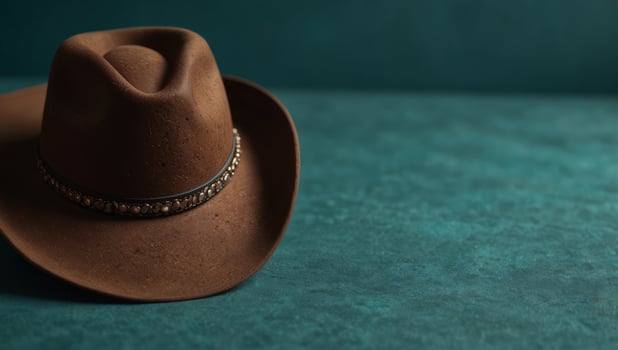 Brown Cowboy Hat on Teal Background, Fashion Accessories, Flat Lay, Top View, Minimalist, Copy Space, Blank Space. photo