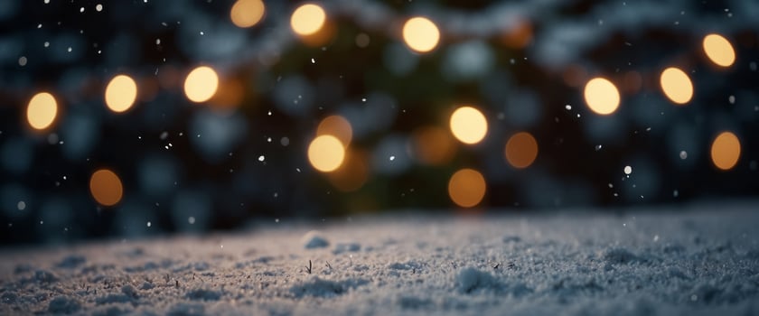 Christmas snow background Xmas tree with snow decorated with garland lights, holiday festive background. photo