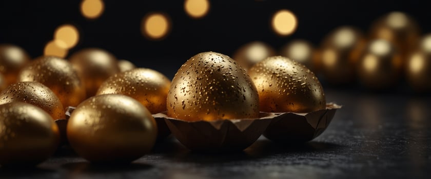 Easter holiday concept with golden Easter eggs and gift box on dark background. photo