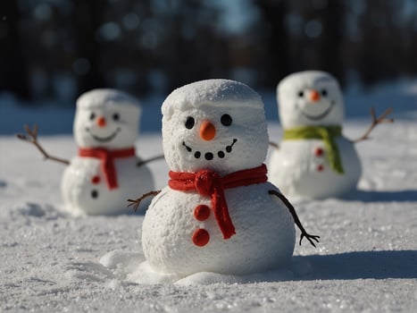 Happy funny marshmallow snowmans on snow. photo