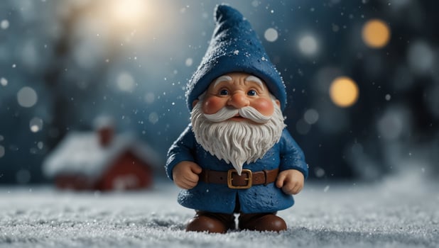 Scandinavian cute Christmas traditional gnome, Tomte, dwarf or elf on blue snowy background with copy space. photo