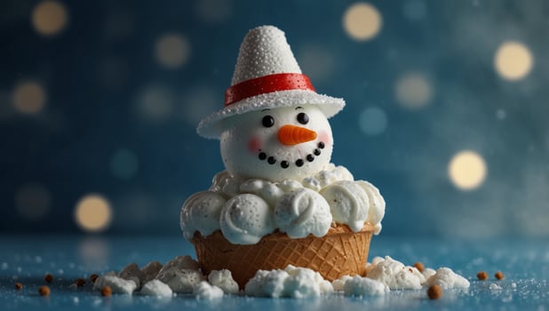 Snowman ice cream on light blue background Crispy cone hat on soft serve vanilla ice cream Christmas holiday concept, new year party or special event. photo