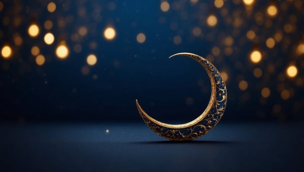 stars and crescents minimalist Islamic ornament over dark blue background Backdrop with copy space. photo