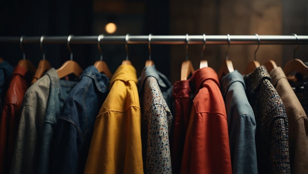 wardrobe items hanging on hangers A stylish collection of clothes and fashion items. photo