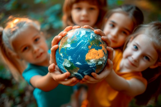 a globe surrounded by diverse children hands that exudes sustainability, inclusion, diversity and education. with photo